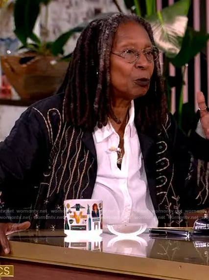 Whoopi’s black embroidered jacket on The View