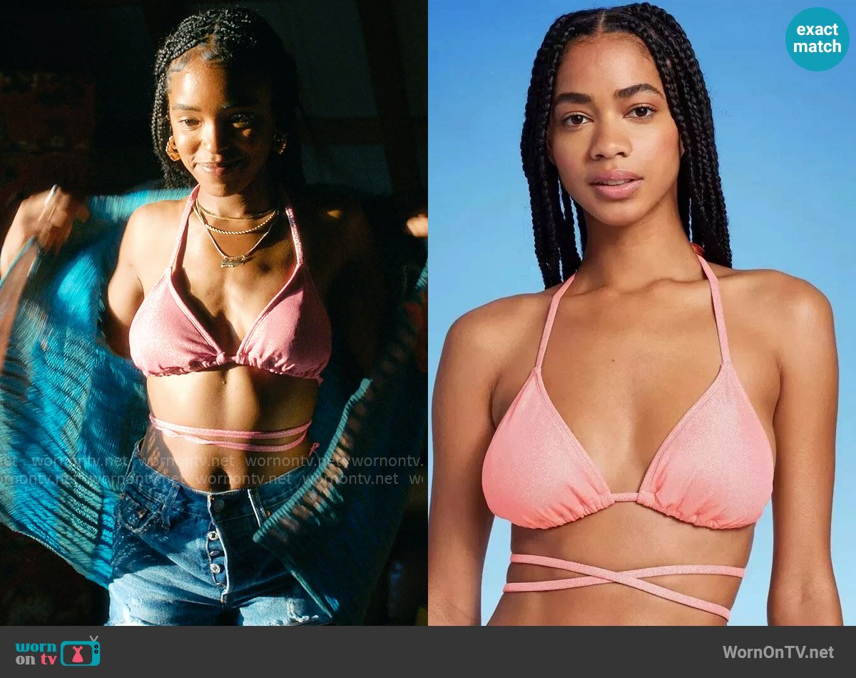 Wild Fable at Target Triangle Wrap Bikini Top in Pink Lurex worn by Keisha Clark (Lovie Simone) on Forever