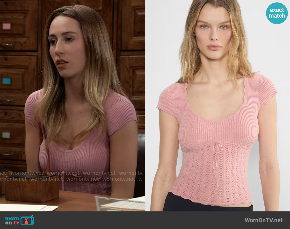 Wilfred at Aritzia Soloist Shortsleeve Sweater in Tart Pink worn by Josslyn Jacks (Eden McCoy) on General Hospital