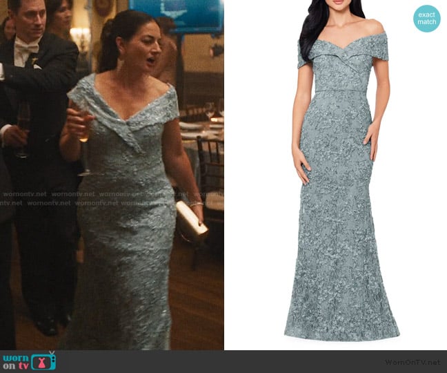 Xscape Evenings Off the Shoulder Embroidered Gown