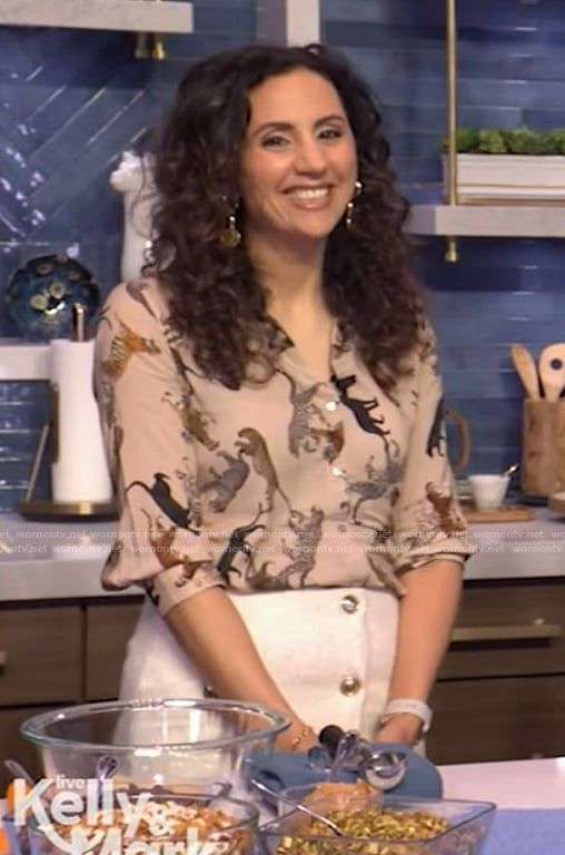 Yumna Jawad’s animal print blouse and skirt on Live with Kelly and Mark