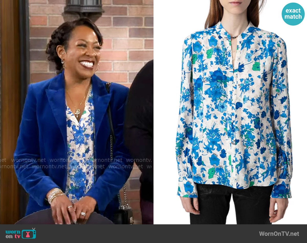 Zadig and Voltaire Twina Crepe Garden Flowers Shirt worn by Tina Butler (Tichina Arnold) on The Neighborhood