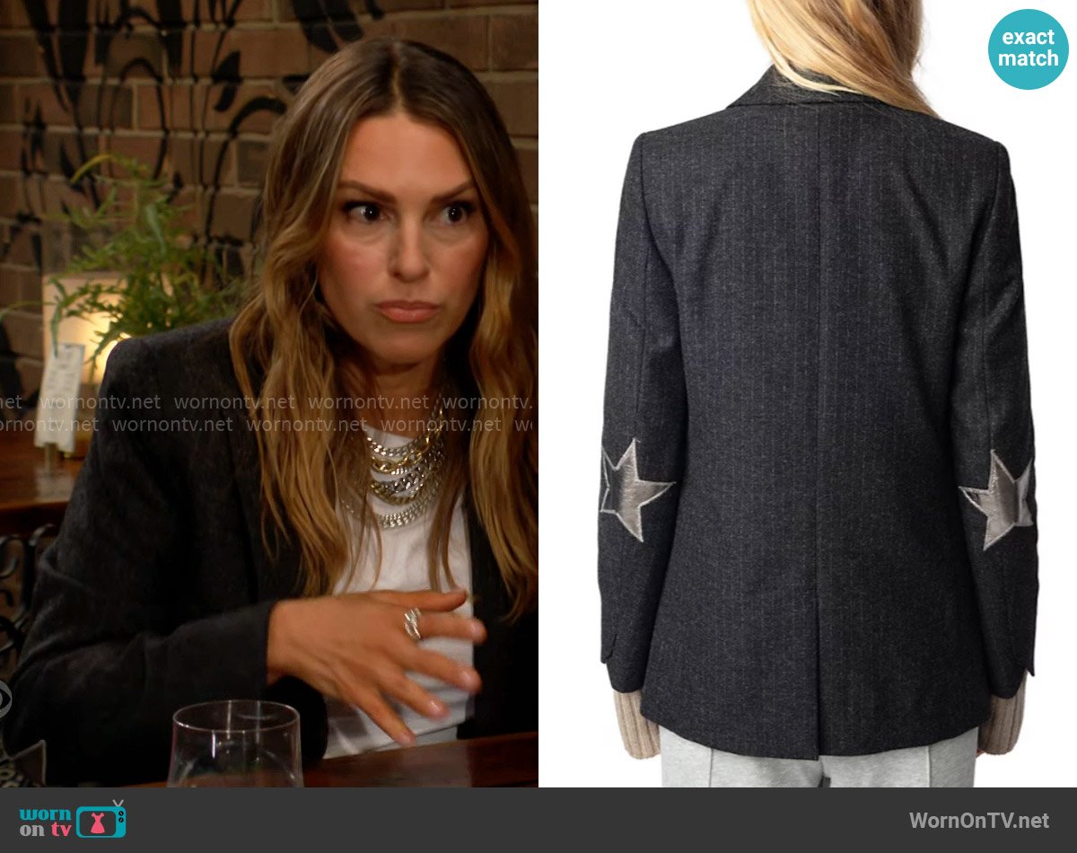 Zadig & Voltaire Valse Raye Elbow Patch Blazer worn by Chloe Mitchell (Elizabeth Hendrickson) on The Young and the Restless