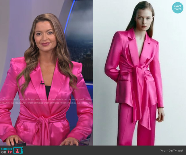 Zara Tied Satin Effect Blazer in Fuchsia worn by Dani Beckstrom on Good Morning America