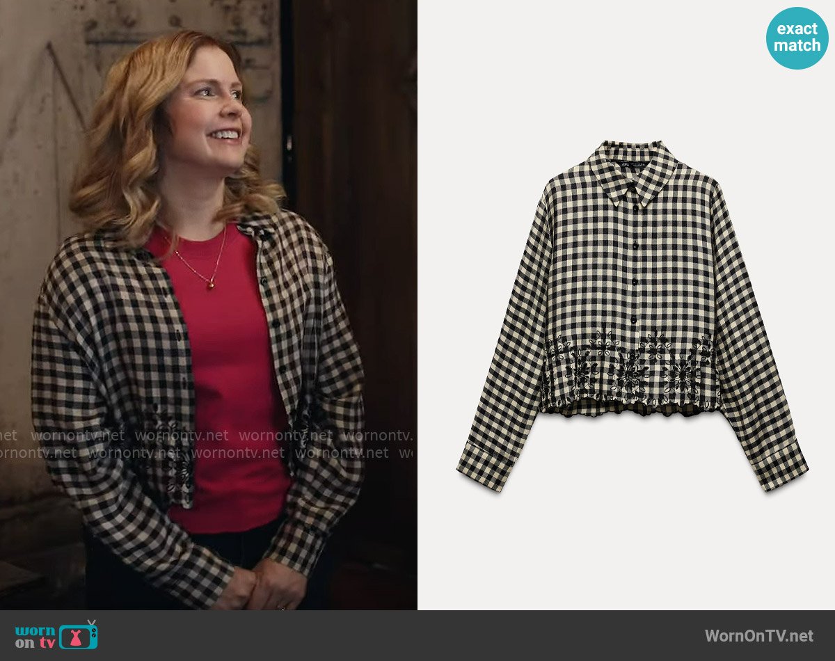 Zara Embroidered Gingham Shirt worn by Sam (Rose McIver) on Ghosts