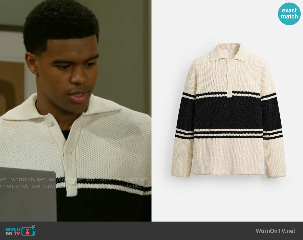 Zara Striped Knit Polo Shirt worn by Tyrell Richardson (Jaden Lucas Miller) on Beyond the Gates