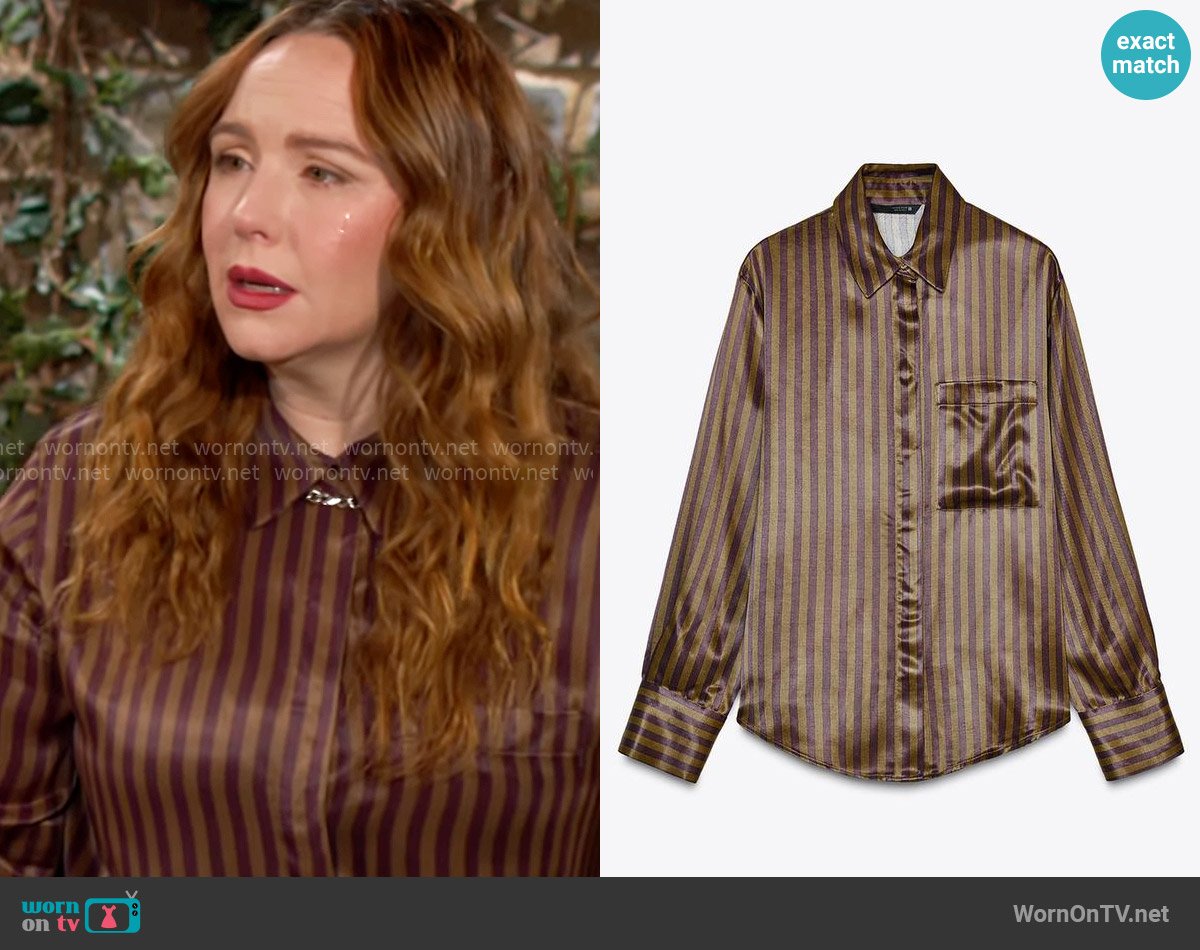 Zara Stripe Satin Shirt worn by Mariah Copeland (Camryn Grimes) on The Young and the Restless