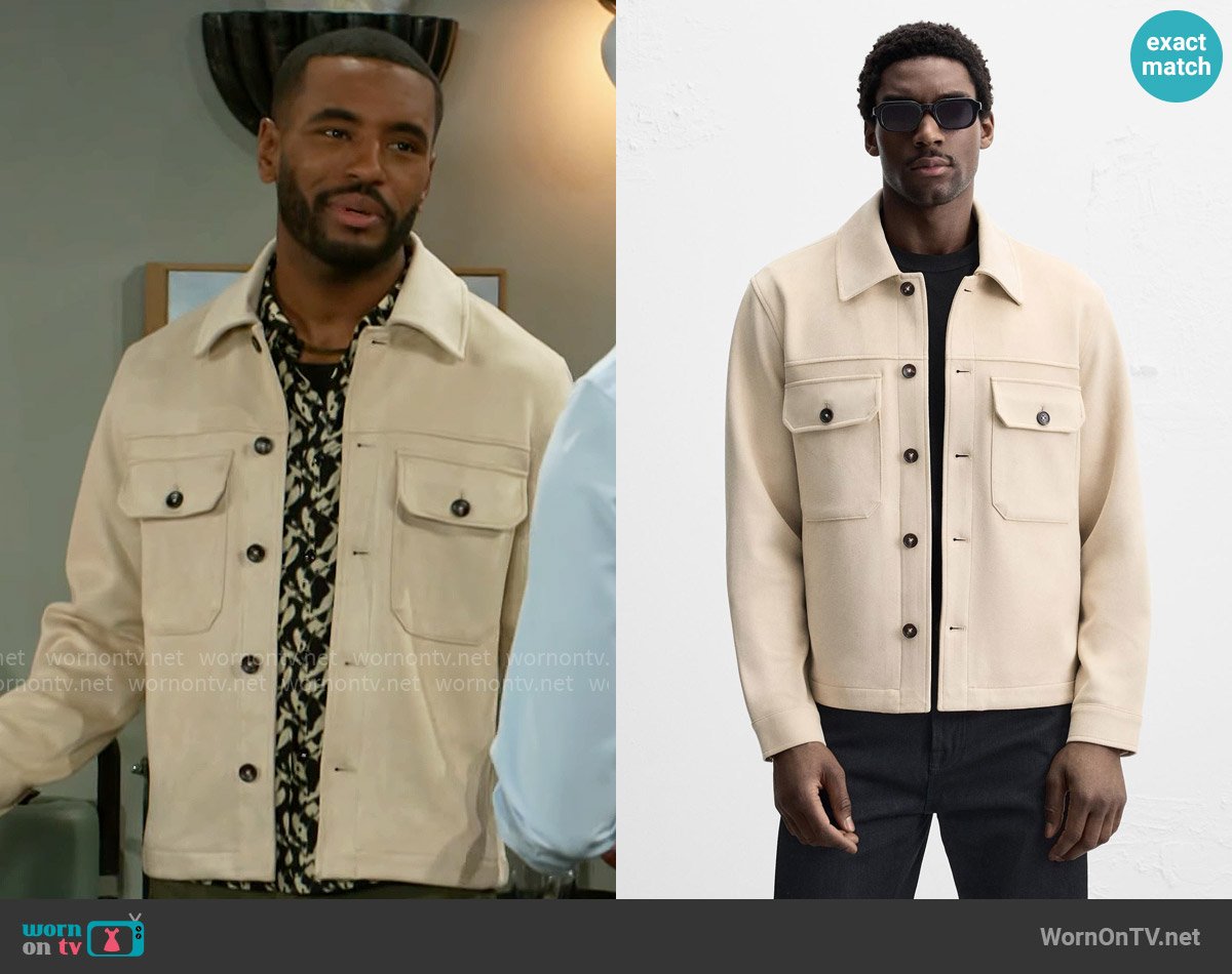 Zara Faux Suede Overshirt in Sand worn by Andre Richardson (Sean Freeman) on Beyond the Gates
