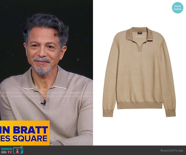Zegna Long Sleeve Silk & Cashmere Polo Sweater in Med Beige Fan worn by Benjamin Bratt on Good Morning America
