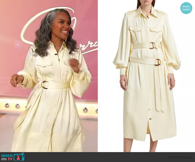Mara’s satin belted shirtdress on Sherri