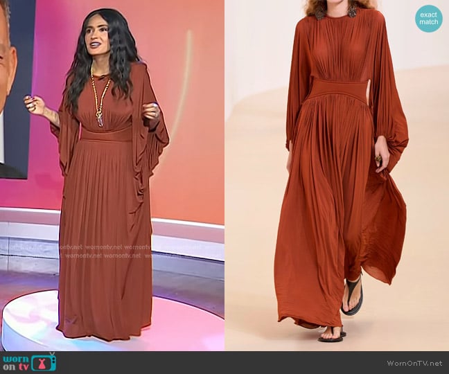 Zimmermann Illuminate Batwing Maxi Dress in Rust worn by Salma Hayek on Today