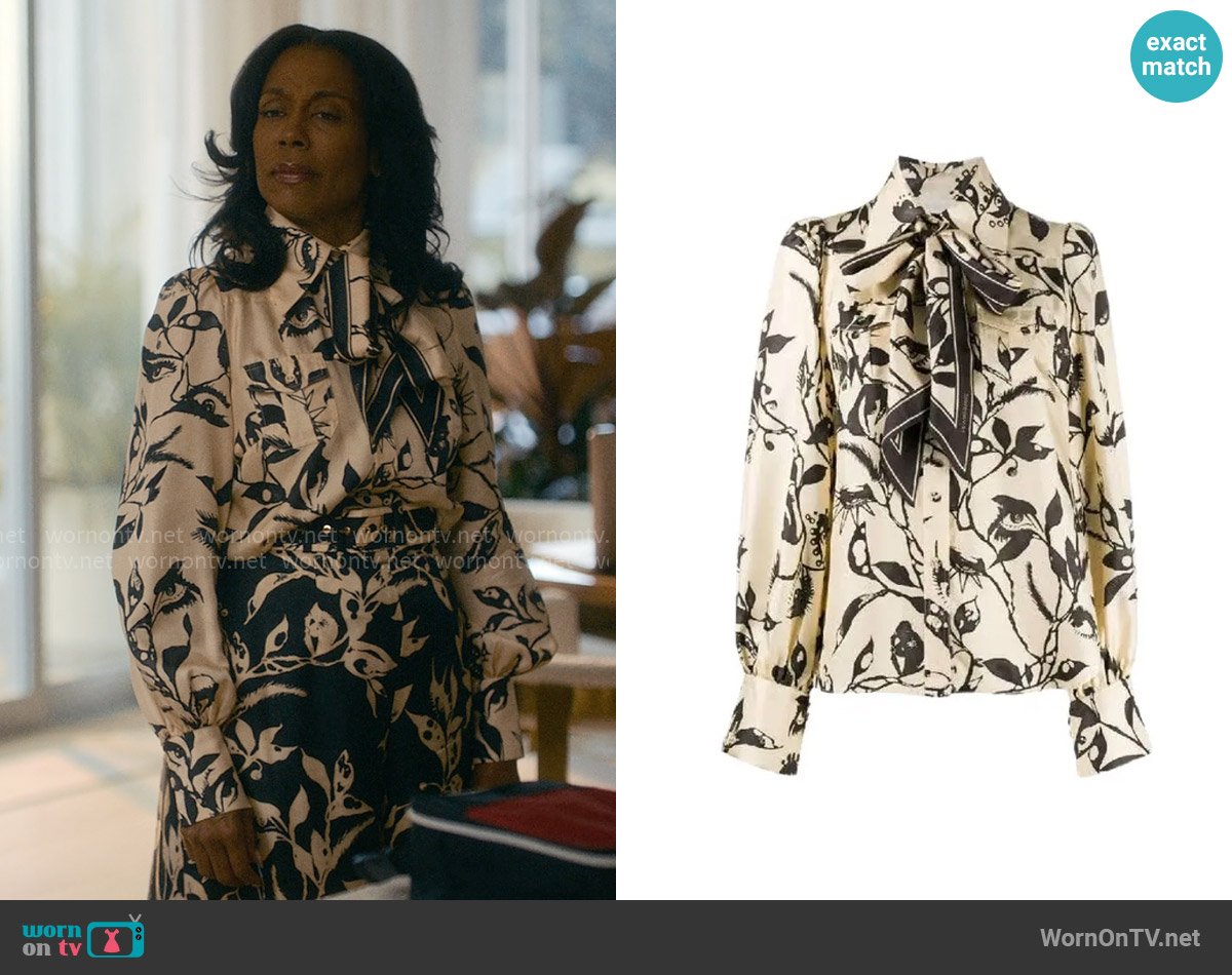 Zimmermann Ladybeetle Eye Print Tie Neck Silk Shirt worn by Dawn Edwards (Karen Pittman) on Forever