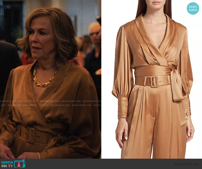 Zimmermann Silk Crop Wrap Top worn by Patty Leigh (Catherine O'Hara) on The Studio