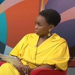 Zinhle’s yellow puff sleeve wrap blouse on NBC News Daily