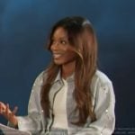 Zuri’s denim rhinestone embellished shirt and shorts on Access Hollywood