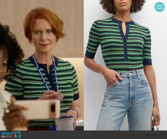 A.L.C. Fisher Pleated Button-front Top In Blue worn by Miranda Hobbs (Cynthia Nixon) on And Just Like That
