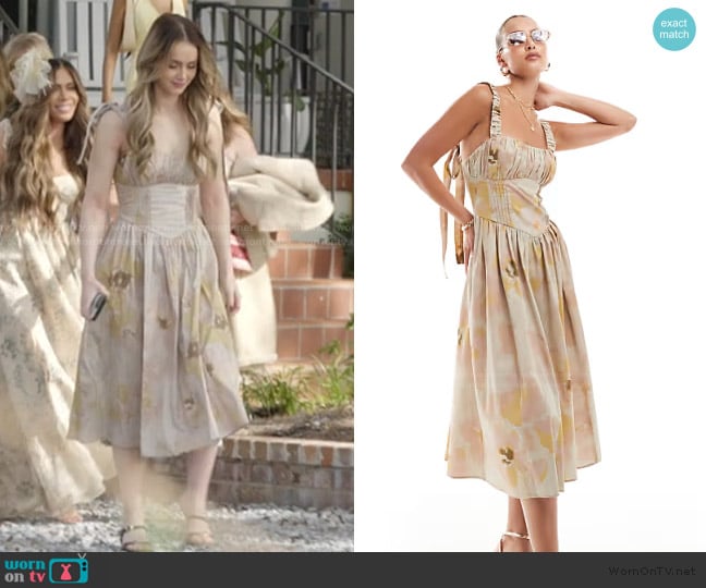 ASOS Lace up corset midi dress with full skirt in floral print worn by Mikayla Matthews on The Secret Lives of Mormon Wives