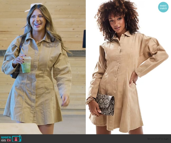 ASOS Denim mini shirt dress with balloon sleeve in tan worn by Demi Engemann on The Secret Lives of Mormon Wives