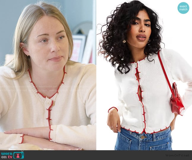ASOS Knitted blanket stitch cardigan in ivory worn by Whitney Leavitt on The Secret Lives of Mormon Wives