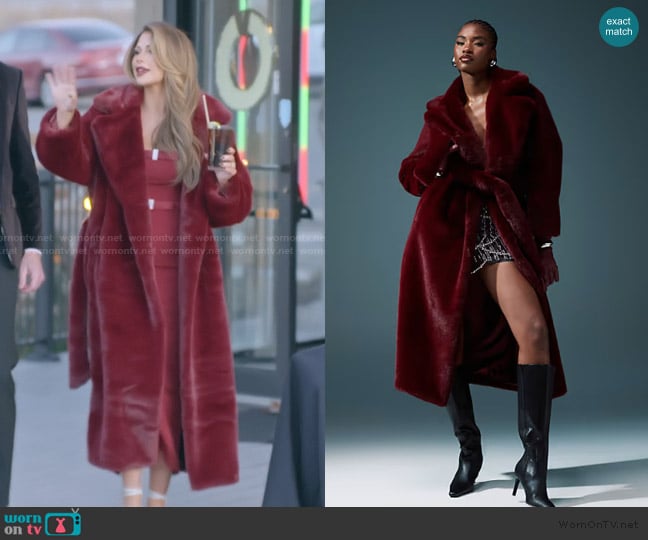 ASOS Longline belted faux fur coat in burgundy worn by Demi Engemann on The Secret Lives of Mormon Wives