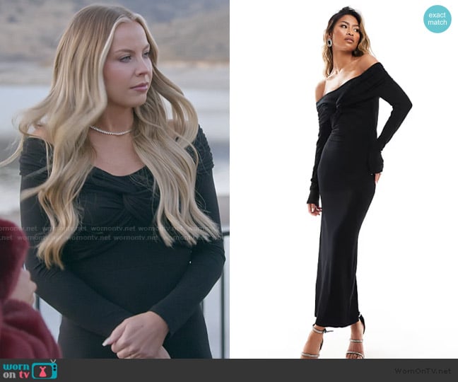 ASOS Off shoulder twist midi dress with long sleeves in black worn by Mayci Neeley on The Secret Lives of Mormon Wives