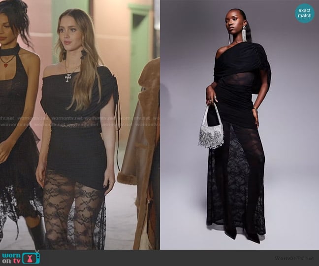 ASOS Ruched off shoulder maxi dress with lace inserts in black worn by Mikayla Matthews on The Secret Lives of Mormon Wives