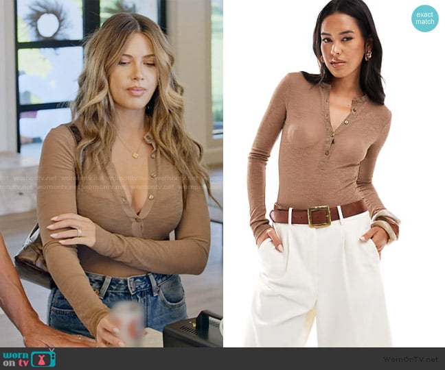 ASOS Sheer ribbed bodysuit with henley collar in mocha worn by Demi Engemann on The Secret Lives of Mormon Wives