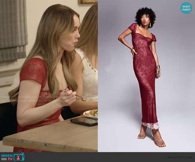 ASOS Sweetheart neckline double layer mesh and lace print maxi dress in burgundy worn by Mikayla Matthews on The Secret Lives of Mormon Wives