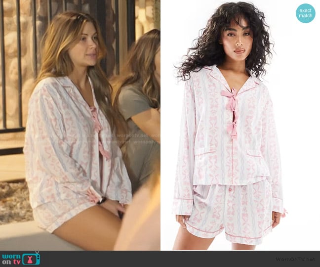 ASOS Tie front pajama shirt and short set in bow print worn by Demi Engemann on The Secret Lives of Mormon Wives