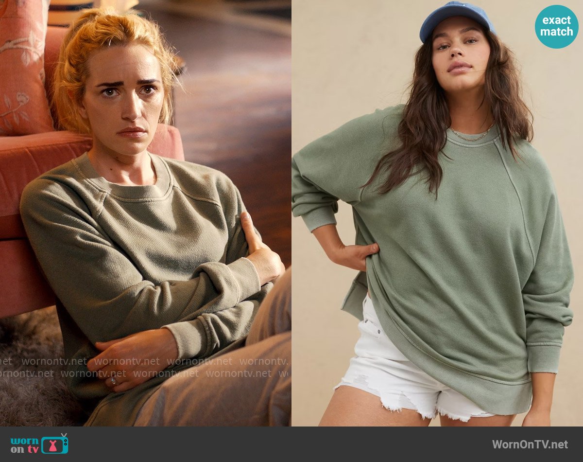 Aerie Beach Party Crew Sweatshirt in Olive worn by Georgia Miller (Brianne Howey) on Ginny & Georgia