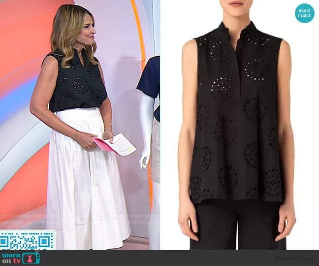 Akris Punto Embroidered Eyelet Cotton Sleeveless Blouse worn by Savannah Guthrie on Today