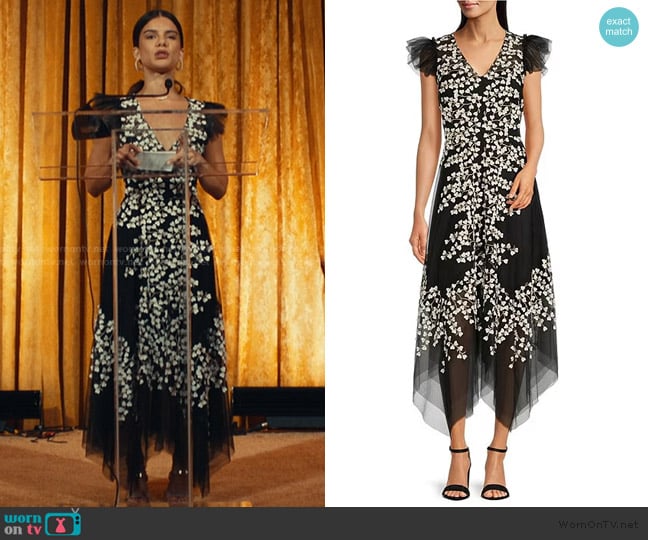 Maria’s black floral v-neck dress on The Better Sister