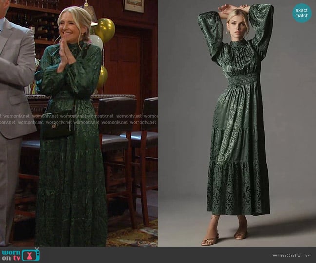 The Somerset Collection by Anthropologie Maxi Dress Mock-Neck Edition in Green worn by Jennifer Horton (Melissa Reeves) on Days of our Lives