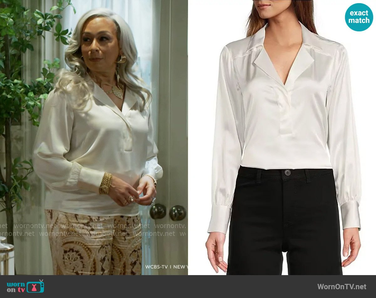 Antonio Melani Violet Silk Notch Collar V-Neck Long Blouson Sleeve Blouse in Ivory worn by Anita Dupree (Tamara Tunie) on Beyond the Gates