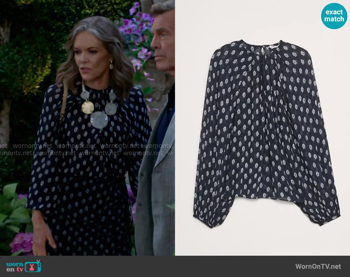 Banana Republic Chiffon Twist-Neck Top in Navy Blue Paisley worn by Diane Jenkins (Susan Walters) on The Young and the Restless