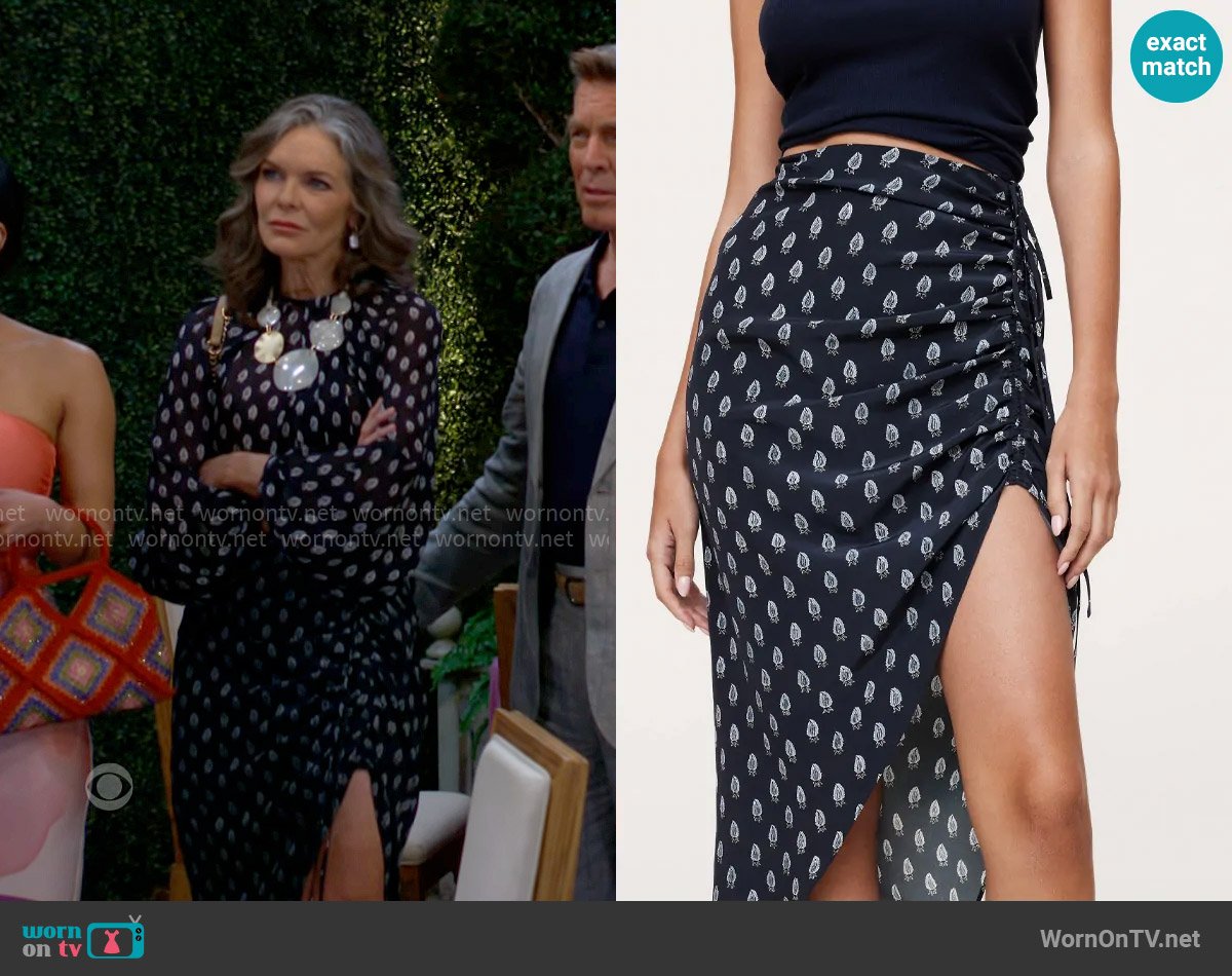 Banana Republic Matte Silk Side-Ruche Skirt in Navy Blue Paisley worn by Diane Jenkins (Susan Walters) on The Young and the Restless