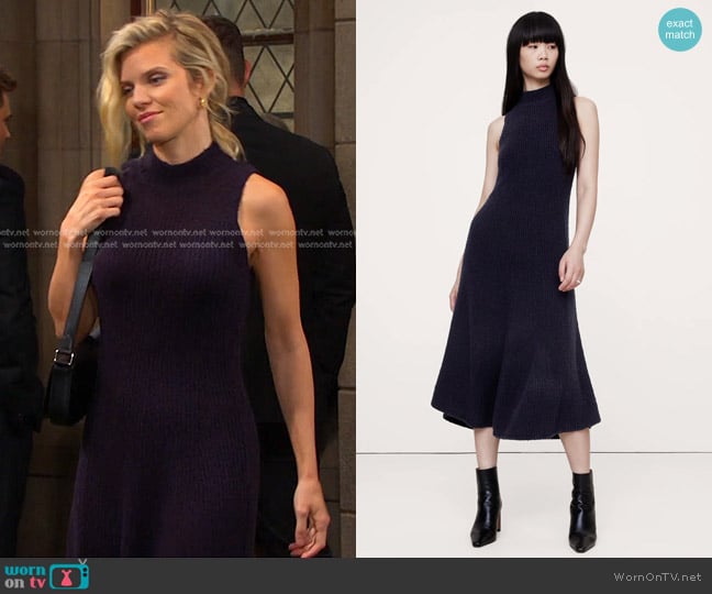 Banana Republic Merino-Blend Mock-Neck Midi Sweater Dress in Navy Blue worn by Catherina Greene (AnnaLynne McCord) on Days of our Lives