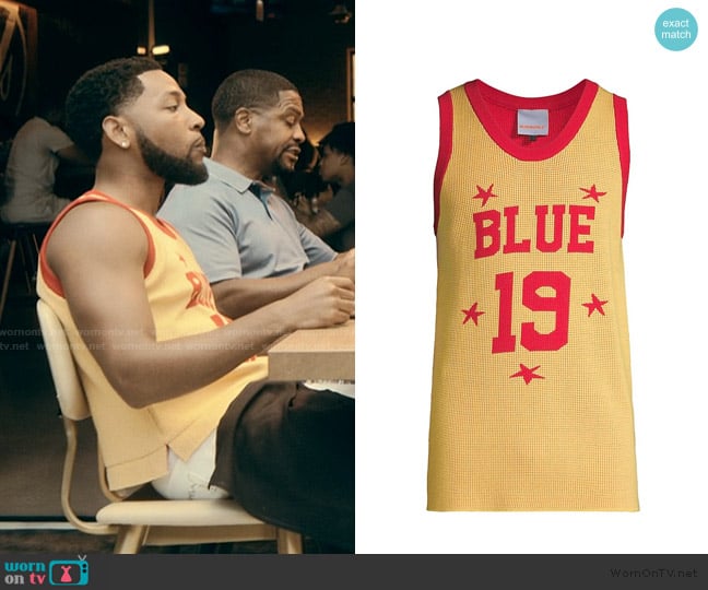 Bluemarble Jacquard knit basketball tank top worn by Emmett (Jacob Latimore) on The Chi