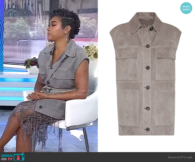 Brunello Cucinelli Couture Suede Four Pocket Vest with Monili in Taupe worn by Taraji P. Henson on Today