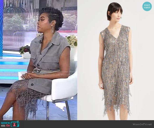 Brunello Cucinelli Glistening Embroidery Dress in Light Grey worn by Taraji P. Henson on Today