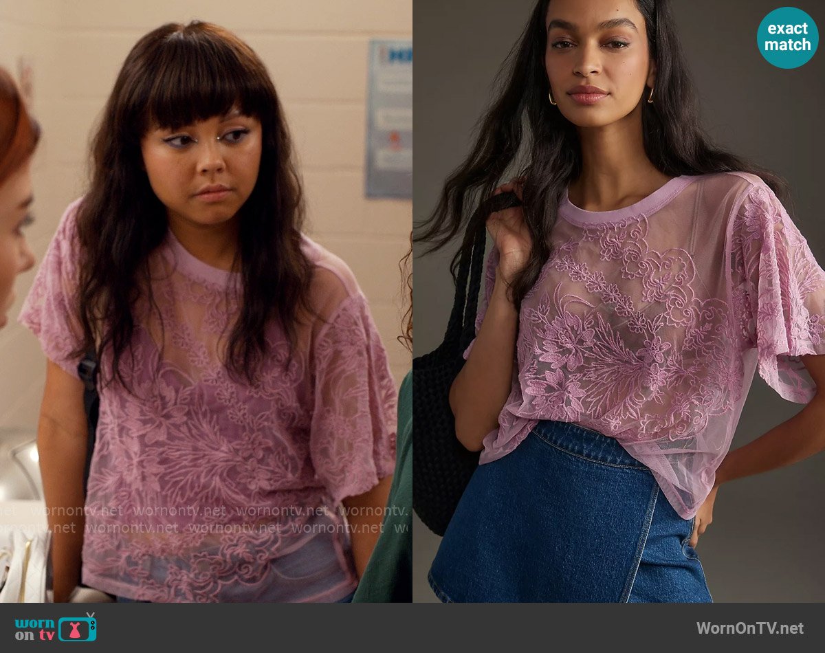 Anthropologie Short-Sleeve Embroidered Mesh Top worn by Norah (Chelsea Clark) on Ginny & Georgia