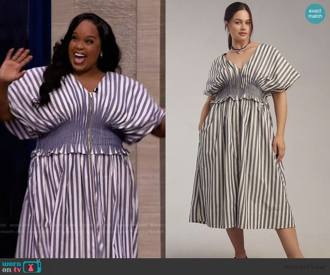 Anthropologie V-Neck Zip-Front Midi Dress worn by Natasha Rothwell on Live with Kelly and Mark