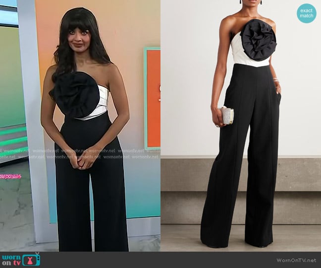 Carolina Herrera Rosette-Detailed Silk Top and V-Waistband Pants worn by Jameela Jamil on Today