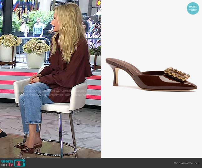 Chloe Gosselin by Larroudé Ava Mule In Brown Patent Leather worn by Mamie Gummer on Today