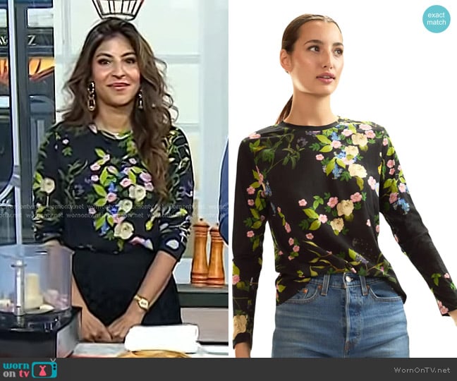 Cynthia Rowley Everyday Long-Sleeve Tee in Black Floral worn by Aliya LeeKong on Today