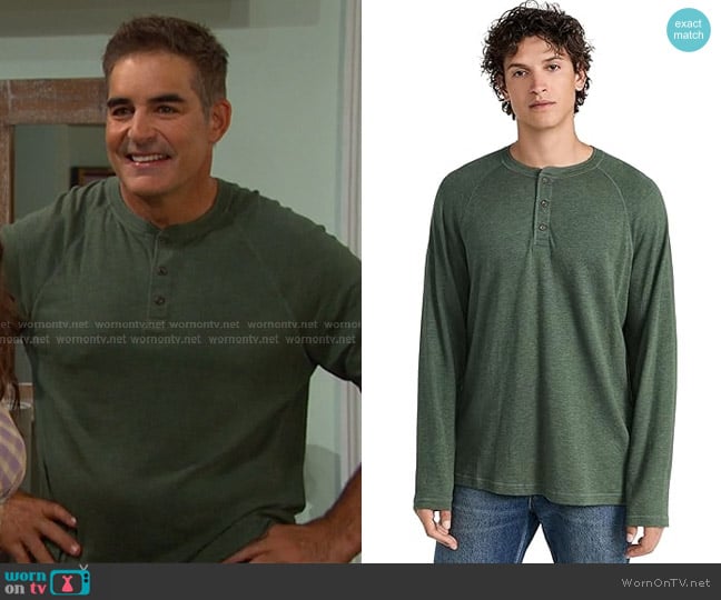 Faherty Cloud Long Sleeve Henley in Deep Fern Heather worn by Rafe Hernandez (Galen Gering) on Days of our Lives