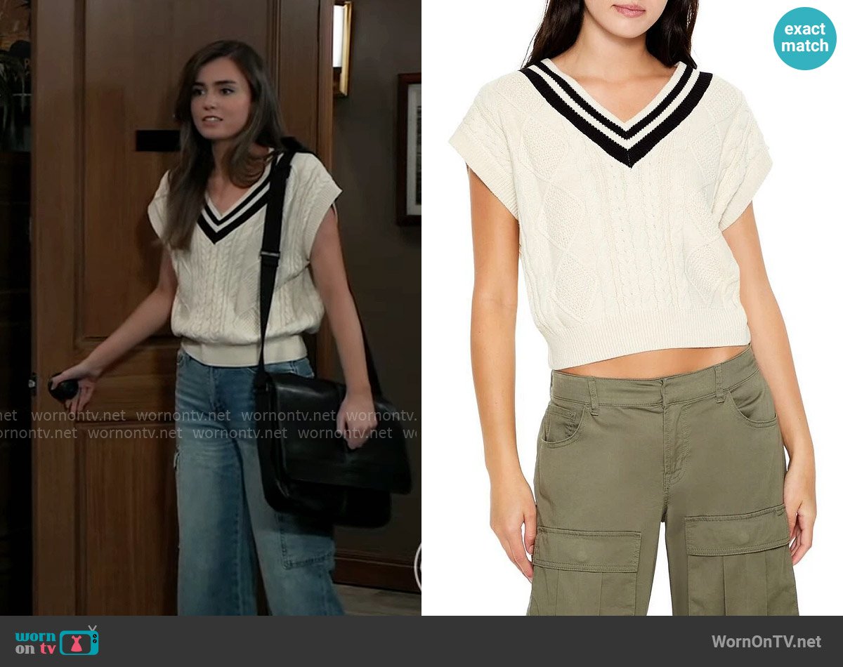 Forever 21 Varsity-Striped Sports Club Sweater worn by Emma Scorpio-Drake (Braedyn Bruner) on General Hospital