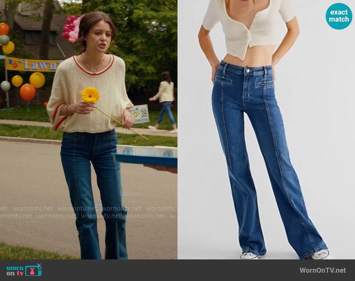 Free People Firecracker Flare Jeans in Brighter Days worn by Maxine Baker (Sara Waisglass) on Ginny & Georgia