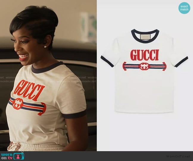 Gucci Ecru Interlocking G Web Logo Embroidered Ringer Tee worn by Shamea Morton Mwangi on The Real Housewives of Atlanta