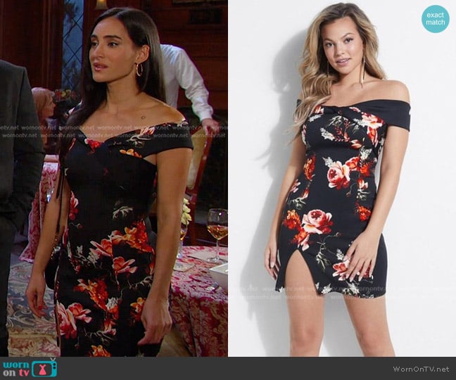 Guess Luisa Dress in salvador garden print black worn by Gabi Hernandez (Cherie Jimenez) on Days of our Lives